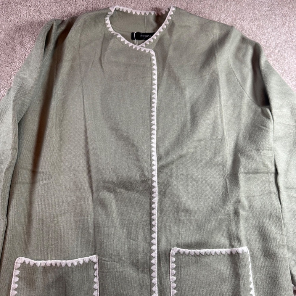 ZESICA Womens Sage Green Scalloped Trim Longline Open Front Cardigan Sweater Med